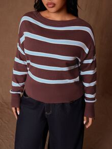 Rustia Plus Size Autumn/Winter Casual Colorblock Striped Sweater - Multicolor - View 7