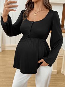SHEIN تي شيرت كاجوال للحوامل بلون موحد مع أزرار نصفية وأكمام طويلة - الأسود - مشاهدة 1
