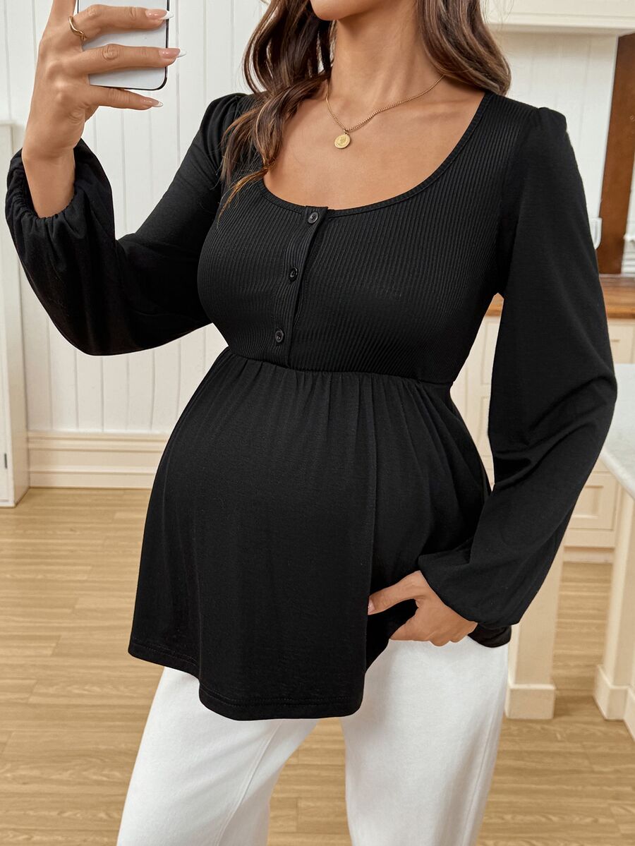 SHEIN تي شيرت كاجوال للحوامل بلون موحد مع أزرار نصفية وأكمام طويلة - الأسود - مشاهدة 1