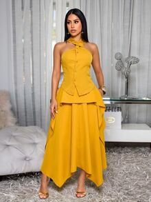 SOLERSUN Women's Solid Color Casual Elegant Versatile Daily Wear Skirt Party Night Formal Mustard Yellow Fall - Yellow - View 7