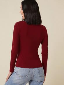 SHEIN BASICS 女款休閒純色方領修身短袖上衣 酒紅色 日常約會秋季穿搭 - 酒紅色 - 查看 2