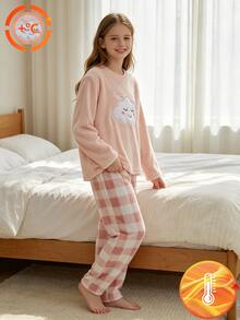 Tween Girl Cartoon Cloud Embroidered Top And Plaid Pants Loungewear Set - Pink - View 5