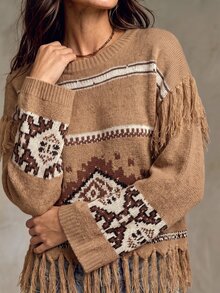 Holdful Holdful Herbst Neu Braun und Weiß Quasten Jacquard Design Locker Faul Boho Damen Pullover Urlaub - Braun - Übersicht 4