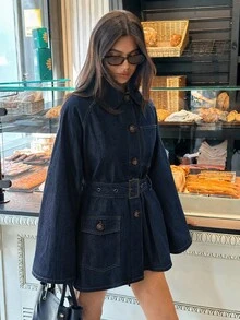 Aloruh Women's Raglan Long Sleeve Single-Breasted Casual Denim Jacket,A-Line Mini,Brunch Outfit,Halloween,Christmas,French Dark Blue Fall - Blue - View 5