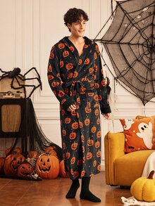 Provexi Provexi Autumn/Winter New Men's Halloween Pumpkin Head Print Flannel Hooded Robe, Loose Tie Waist With Pockets, Long Length Home Bathrobe - Multicolor - View 3