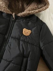 SHEIN 男嬰卡通熊圖案連帽長袖冬季外套，百搭舒適 - 黑色 - 查看 6