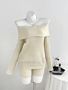 Elamini Women's Soft Versatile Off-Shoulder Sweater And Shorts 2 Pieces Set - Apricot - View 1