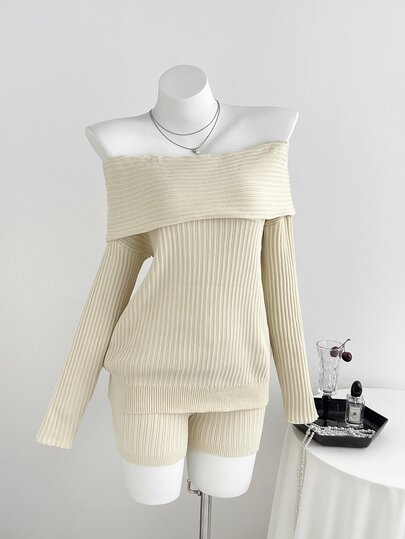 Elamini Conjunto de 2 piezas de suéter y pantalones cortos versátiles y suaves con hombros descubiertos para mujer