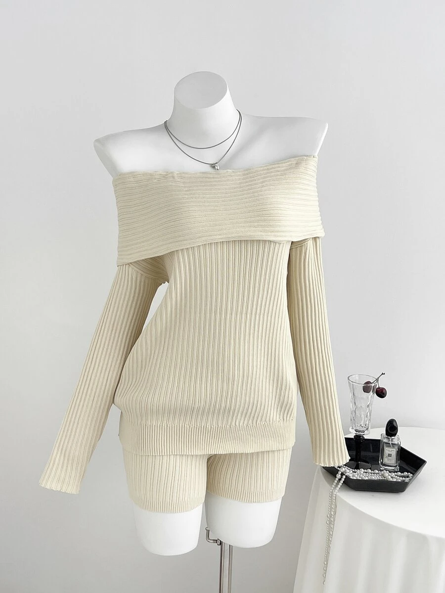 Elamini Women's Soft Versatile Off-Shoulder Sweater And Shorts 2 Pieces Set - Apricot - View 1