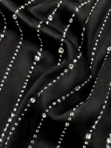Balvessa Women's Black Shirt Collar Long Sleeve Loose Blouse, Woven Satin Fabric, Vertical Rhinestone Decor Button Front, Suitable For Daily Commute, Gathering, Party, Office Wear, Spring And Autumn Long Sleeve Shirt - Black - View 6