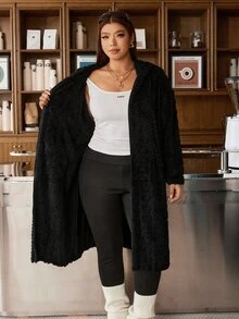 Muchica Plus-Size, Warm, Hooded, Mid-Length Winter Coat With Pockets-Perfect For Lounging At Home. - Black - View 6