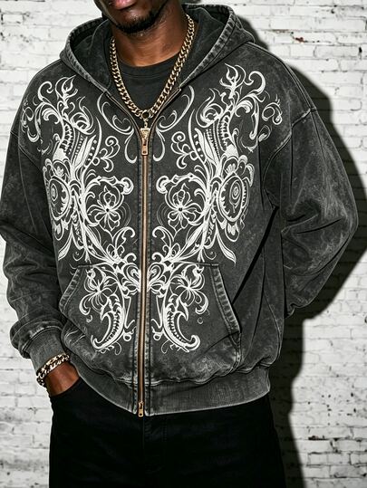 Manfinity EMRG Men's Floral Print Long Sleeve Zip-Up Casual Hoodie