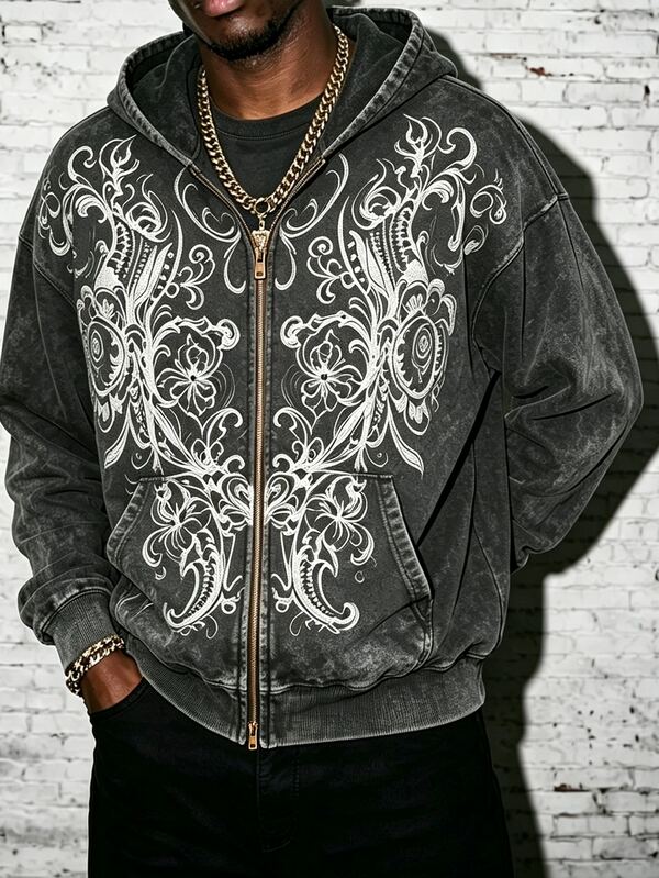 Manfinity EMRG Men's Floral Print Long Sleeve Zip-Up Casual Hoodie