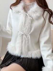 FRIFUL Women's Patchwork Fur Front Tie Long Sleeve Elegant Jacket - Beige - View 4