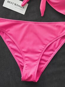 SHEIN Swim 女款兩件式比基尼泳衣套裝，雙肩帶設計，玫瑰紅羅紋布料，適合海灘、島嶼度假、泳池派對、休閒百搭 - 玫紅色 - 查看 6