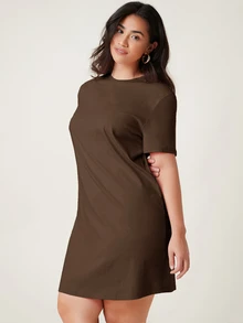 SHEIN BASICS Plus 女款短袖純色T恤洋裝 夏季優雅連身裙 - 咖啡棕 - 查看 5