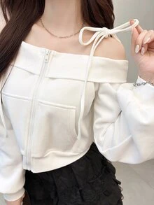 FRIFUL Women's Solid Color Cold Shoulder Spaghetti Strap Sweatshirt Fall - White - View 1