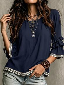 Glimmora Blus Wanita Musim Panas/Gugur Terbaru, Model French Casual, Longgar, Berkerut, Lengan 3/4 Mengembang, Warna Blok, Gaya Prancis, Lengan 3/4. - Navy Blue - View 3
