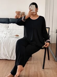 SHEIN Super Soft Skin-Friendly Contrast Trim Plus Size Women's Pajama Set Casual Loungewear - Black - View 4