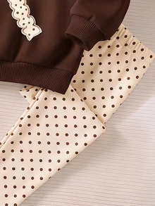 SHEIN 可愛時尚 3D 波浪邊蝴蝶結圖案，少女休閒柔軟舒適寬鬆圓領套頭衛衣與厚實波點打底褲 2 件套，適合秋冬日常、學校、外出、萬聖節、聖誕節、秋季，甜美女孩風 - 彩色 - 查看 6