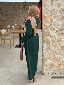 Solavon Women's Solid Color Metal Decor Casual Modest Elegant Party Office Tea Party Long Dress Dark Green Autumn - Dark Green - View 7