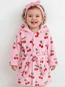 SHEIN 女嬰櫻桃圖案休閒居家連帽晨袍 - 粉色 - 查看 1