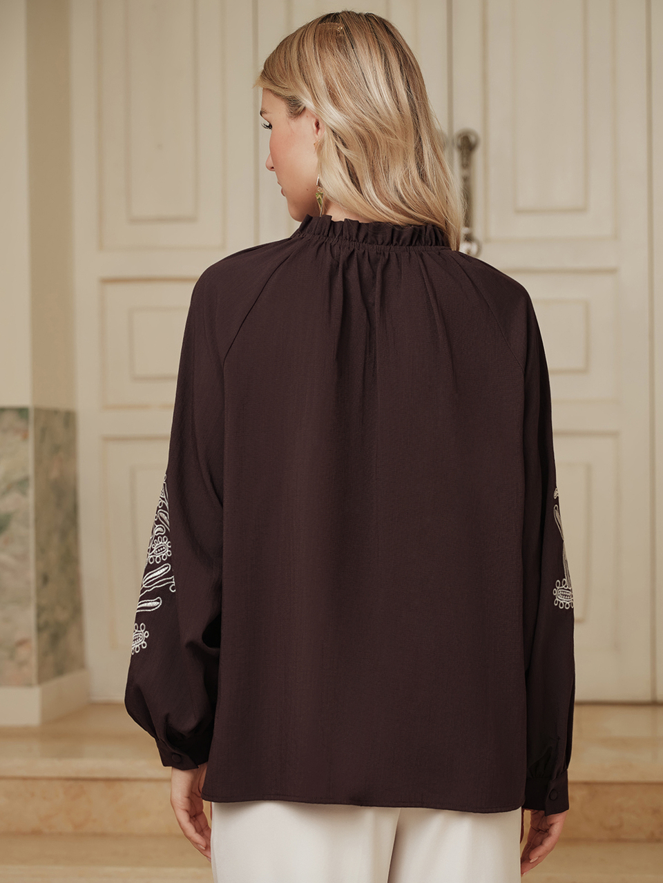 Women's Elegant Embroidered Design Applique Trim Placket Long Sleeve V-Neck Blouse