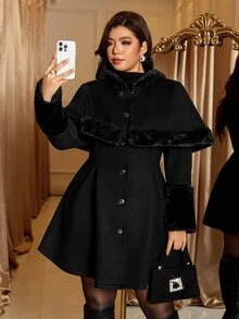 Reflora Plus Size Women Solid Color Patchwork Faux Fur Cape Overcoat Black Autumn Elegante - Black - View 6