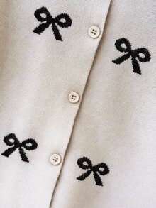 SHEIN 青少年女孩開襟衫 秋冬杏色圓領蝴蝶結提花長袖毛衣外套，學院風針織夾克，返校穿搭 - 杏色 - 查看 5