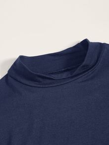 SHEIN BASICS 女款海軍藍素色修身短版小高領上衣，日常秋季休閒穿搭 - 藏蓝色 - 查看 3