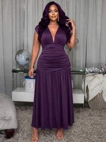 Poshavie Poshavie Plus Size Women Elegant Sexy Fashion Exquisite Long Dress Mature Modern Ruched Flowy Comfortable Suitable For Party Date Night Dark Purple - Purple - View 3