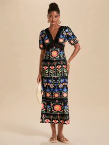 Travachic Women's Contrast Lace Floral Pattern Short Petal Sleeve Elegant Dress - Multicolor - View 4