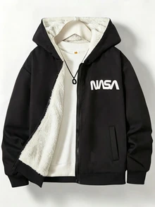 SHEIN 青少年男孩字母圖案休閒日常穿著連帽夾克 - 黑色 - 查看 3