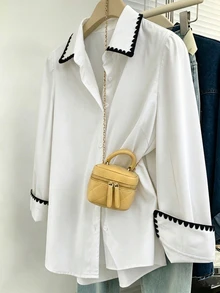 Breezaya Regular Plus Size Women's Shell Button Decor Casual Colorblock Shirt - Multicolor - View 1