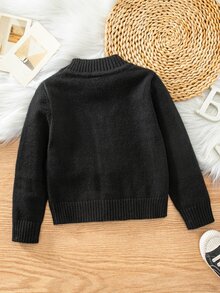 SHEIN Young Boy Solid Color Textured Single-Breasted Long Sleeve Knit Cardigan - Black - View 2