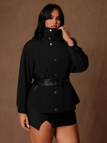 Rustia Plus Size Solid Color Long Sleeve Casual PU Collar Patchwork Woven Cinched Cinched Waist Jacket, Autumn/Winter - Black - View 1