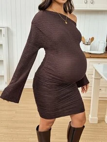 SHEIN Maternity Solid Color Asymmetrical Shoulder Casual Daily Summer Dress Fall - Brown - View 5