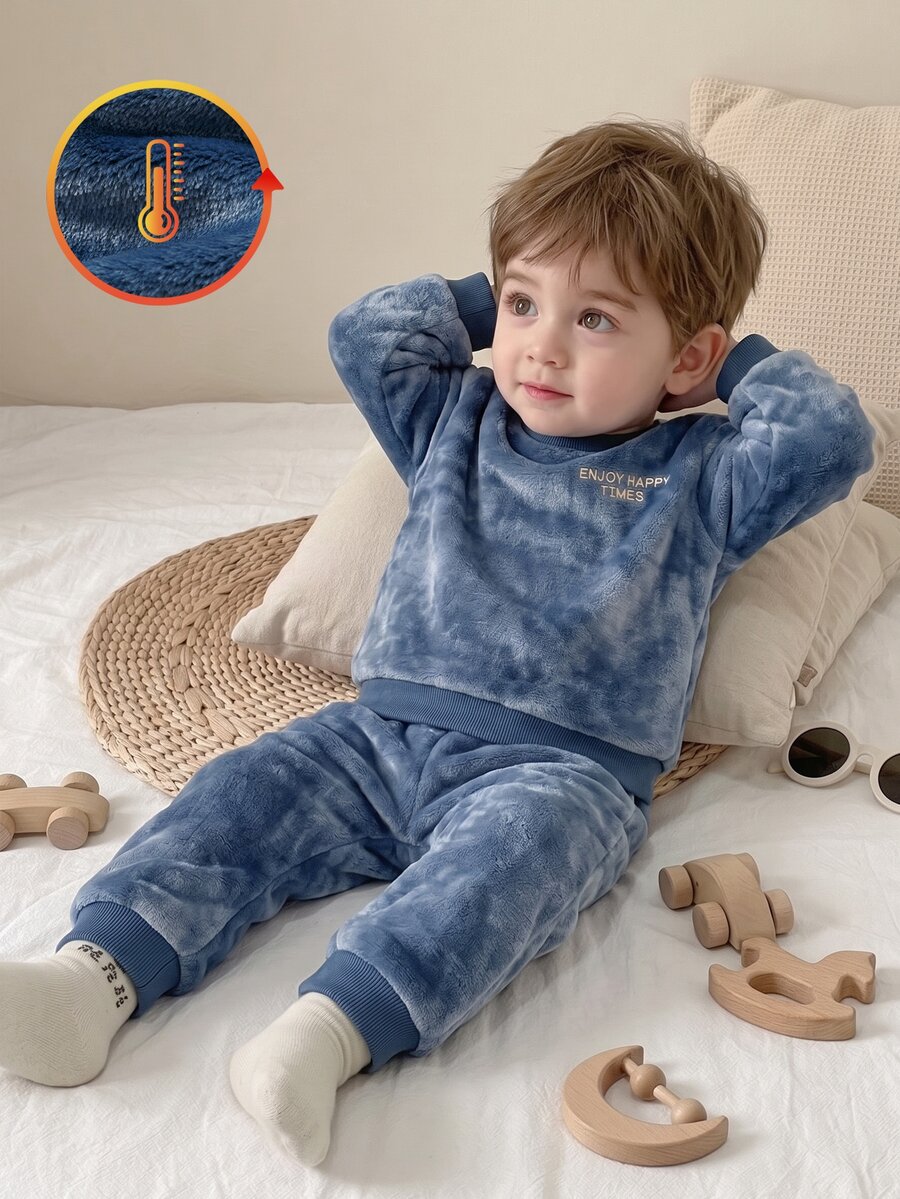 2pcs/Set Autumn/Winter Thickened Fleece Double-Sided Flannel Baby Boy Set, Deep Blue Plush, Exquisite Cute English Embroidery On Chest, Casual Minimalist Pullover Slightly Dropped Shoulder Long Sleeve Top And Long Pants, Home Wear, Winter Style - Blue - View 1