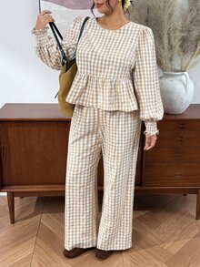Lounesse Plus Size Women's Casual 2 Pieces Set, Plaid Outfit, Autumn Outdoor Wear Fall - Apricot - View 5