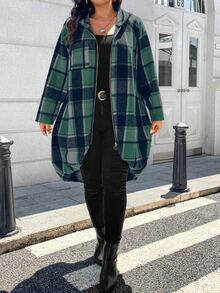Easura 女款長版格紋外套，印花拼接插肩長袖，前拉鍊連帽設計 - 墨綠色 - 查看 4