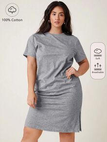 SHEIN BASICS 大碼開衩下擺純色休閒傳統西式晚餐正式居家度假約會連身裙 夏季灰色女裝套裝 優雅 - 灰色 - 查看 1
