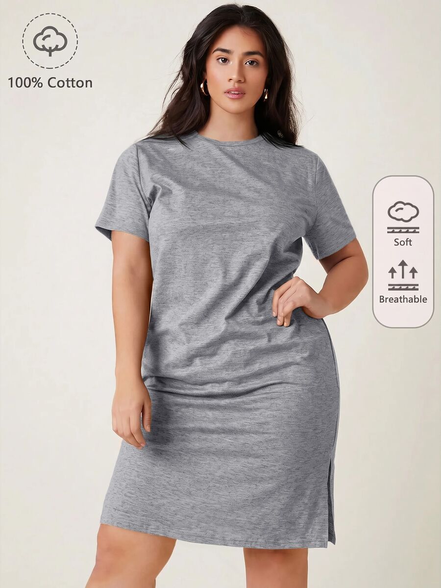 SHEIN BASICS 大碼開衩下擺純色休閒傳統西式晚餐正式居家度假約會連身裙 夏季灰色女裝套裝 優雅 - 灰色 - 查看 1