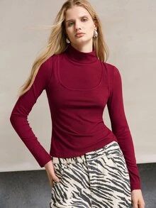 MOTF PREMIUM KAOS WANITA ELEGAN DENGAN KERAH MOCK-LECK, 2 IN 1, WARNA SOLID, MUSIM GUGUR/DINGIN - Merah - View 3