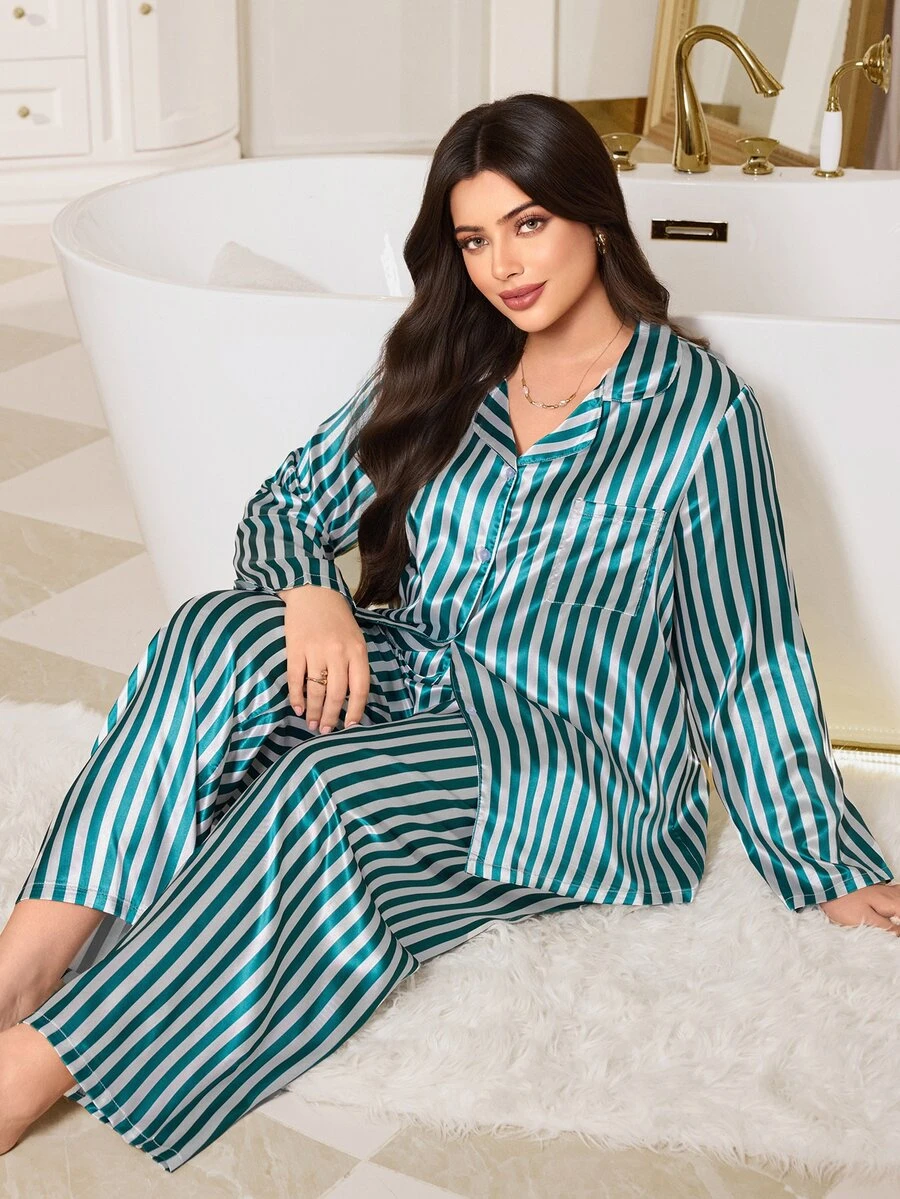 MuseNap CURVE Classic Striped Elegant Open Front Lapel Long Sleeve Pants Women Plus Size Pajama Set - Green - View 1