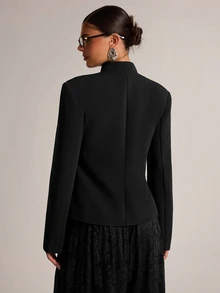 SHEIN BAE Women's Solid Color Stand Collar Long Sleeve Single-Breasted Casual Blazer - Black - View 2