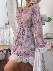 CottageSlumber Wireless Lace Camisole, Floral Print Bow Shorts, Robe, Lingerie Set - Pink - View 4