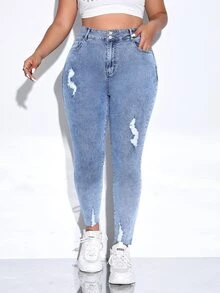 SHEIN CURVE+ Plus Size Women's Slim Fit Washed Denim Skinny Jeans, Versatile For Daily Wear - Medium Wash - View 1