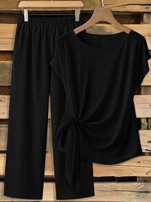 SHEIN Clasi Plus Size Solid Color Tie-Front Top And Pants 2 Pieces Set - Black - View 2