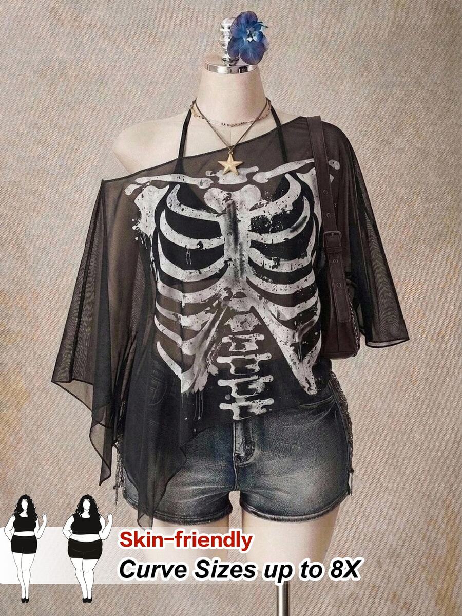 SHEIN CURVE+ Plus Size Halloween Skeleton Print Mesh Top For Women