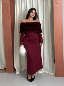 GalTyme Plus Size Women's Plush Patchwork Elegant Waist-Cinching Party Dress Fall - Burgundy - View 1